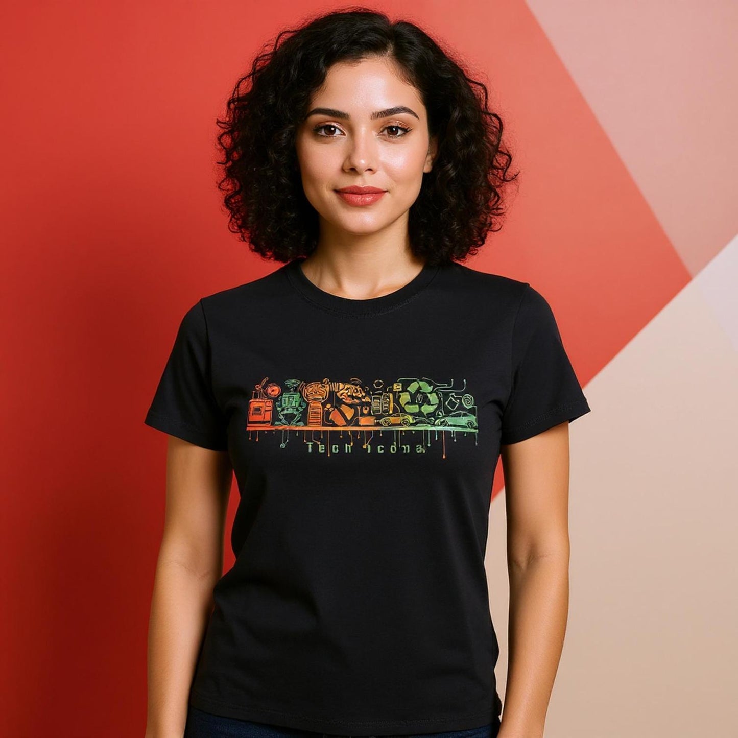 Woman wearing a black t-shirt with colorful graphic design on a red and beige background
