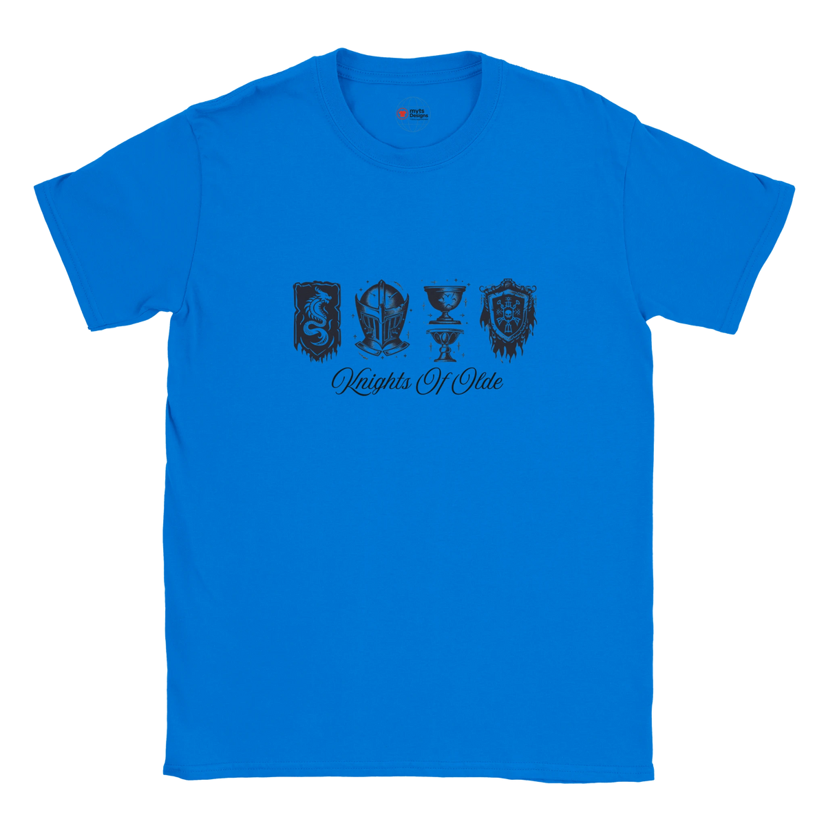 Blue t-shirt with black graphics and text on a white background