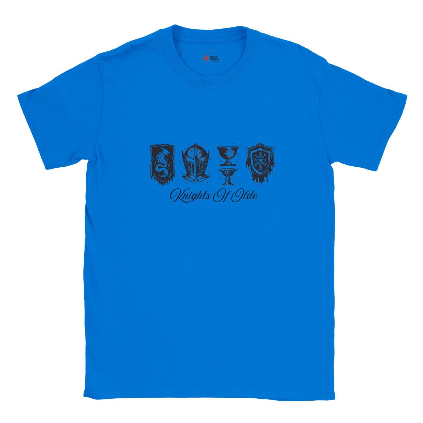 Blue t-shirt with black graphics and text on a white background