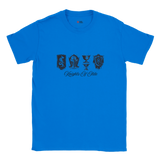 Blue t-shirt with black graphics and text on a white background