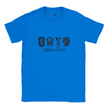 Blue t-shirt with black graphics and text on a white background