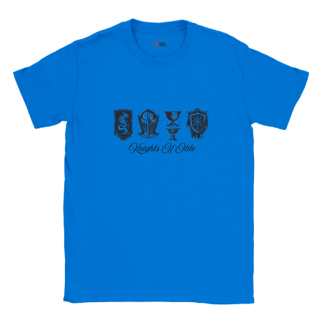 Blue t-shirt with black graphics and text on a white background