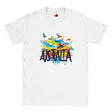 White t-shirt with colorful 'Australia' design on a white background
