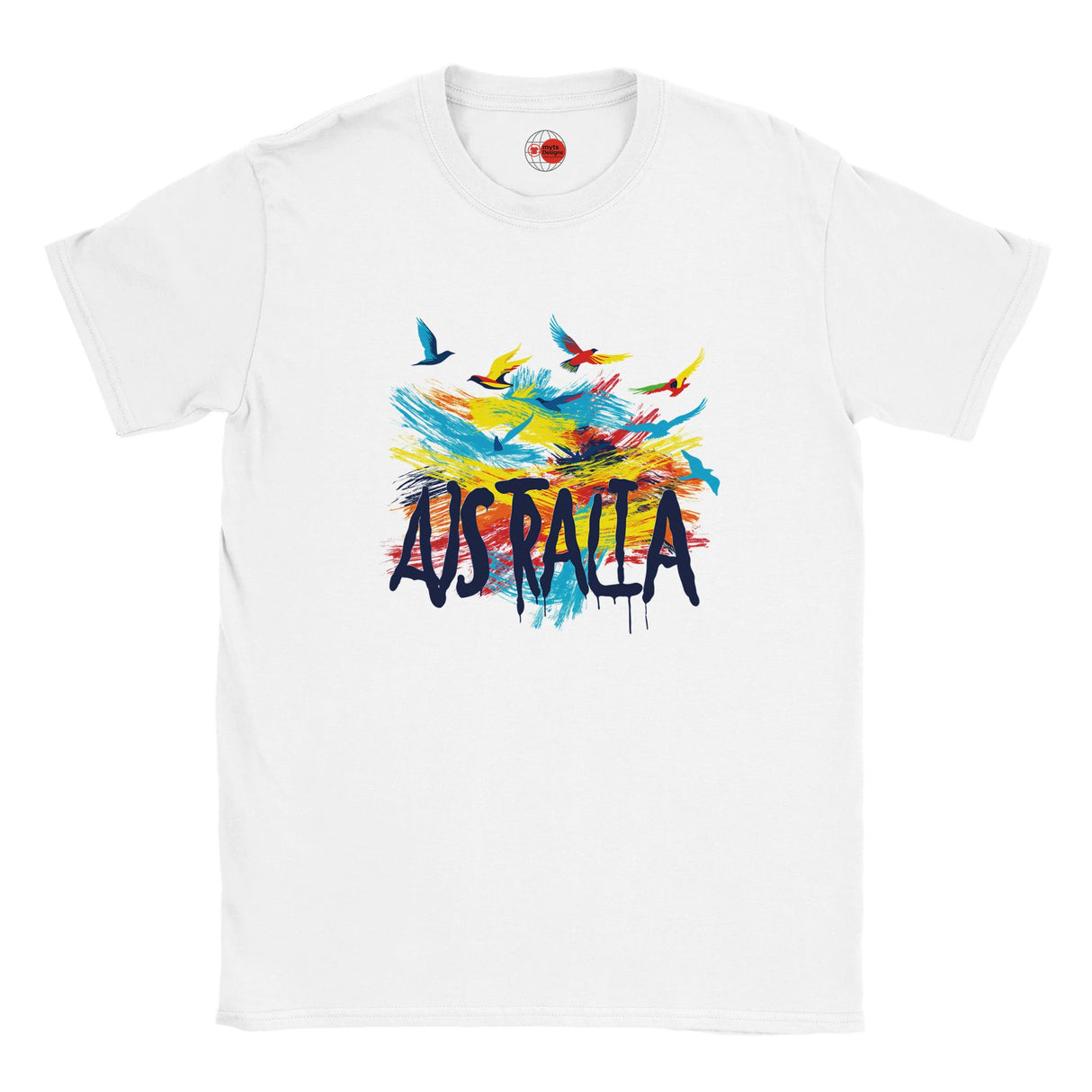 White t-shirt with colorful 'Australia' design on a white background