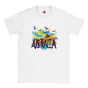White t-shirt with colorful 'Australia' design on a white background