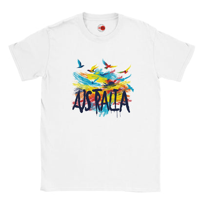 White t-shirt with colorful 'Australia' design on a white background