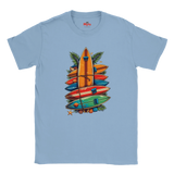 Light blue t-shirt with colorful surfboard design on a white background