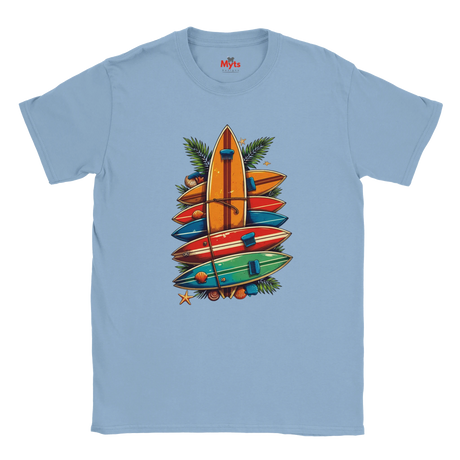 Light blue t-shirt with colorful surfboard design on a white background