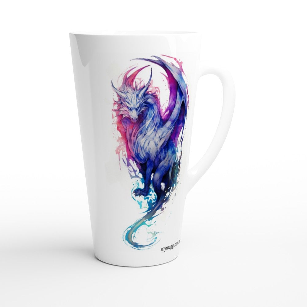 A white ceramic latte mug featuring a colorful watercolor-style illustration of a horned fantasy creature in shades of blue, purple, and pink, with the brand name 'nymphs art' printed near the base.