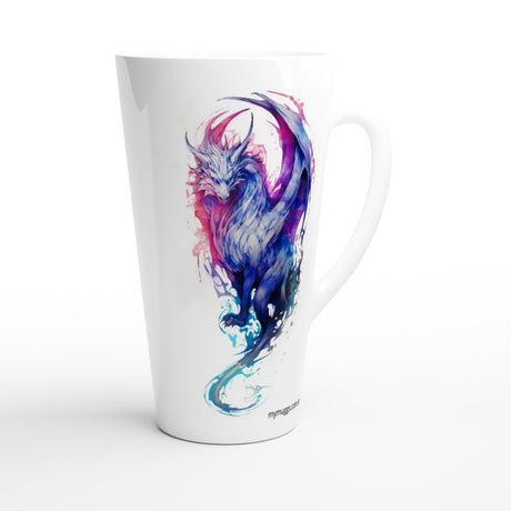 A white ceramic latte mug featuring a colorful watercolor-style illustration of a horned fantasy creature in shades of blue, purple, and pink, with the brand name 'nymphs art' printed near the base.