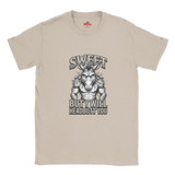 Sand unisex t-shirt featuring muscular donkey graphic with “Sweet But I Will Headbutt You” slogan by MytsDesigns.
