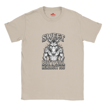 Sand unisex t-shirt featuring muscular donkey graphic with “Sweet But I Will Headbutt You” slogan by MytsDesigns.