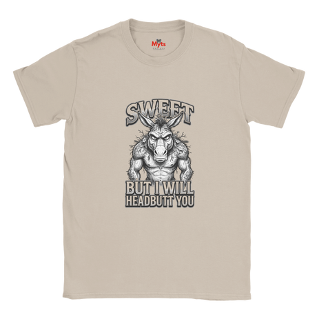Sand unisex t-shirt featuring muscular donkey graphic with “Sweet But I Will Headbutt You” slogan by MytsDesigns.
