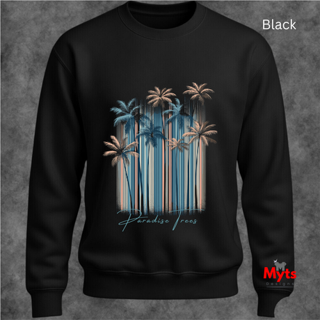 Black sweatshirt with palm tree design and 'Paradise Trees' text on a gray background