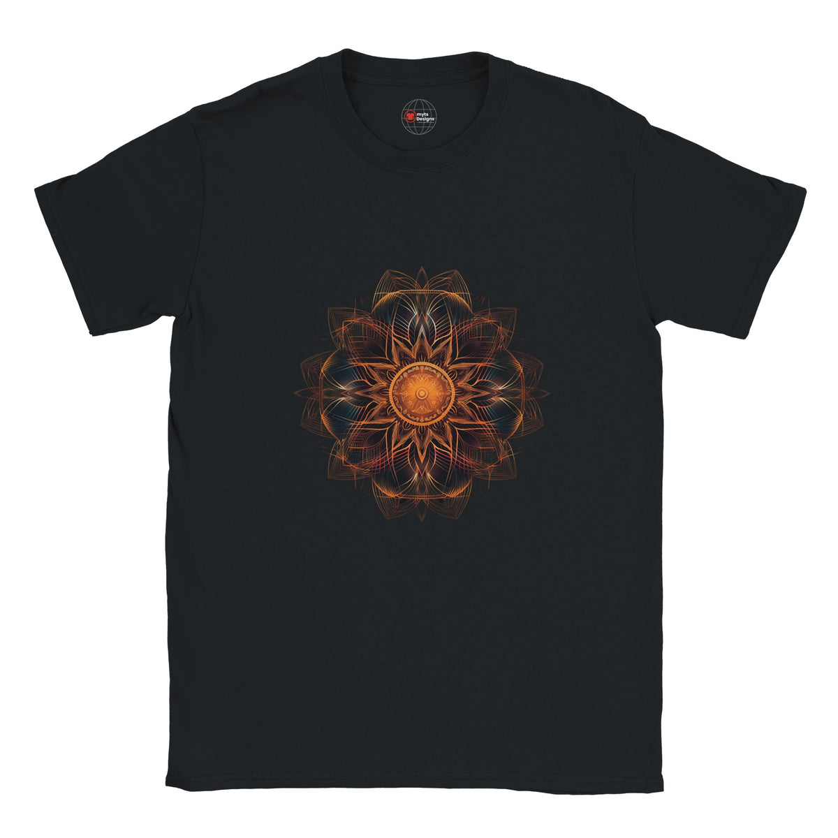 Black t-shirt with a geometric flower design in orange on a white background