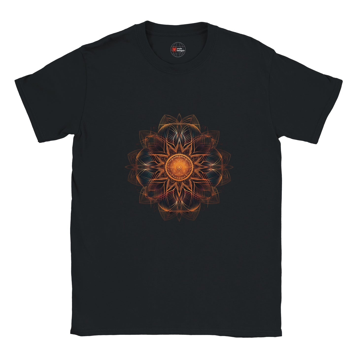 Black t-shirt with a geometric flower design in orange on a white background