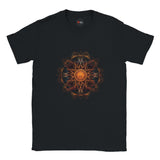 Black t-shirt with a geometric flower design in orange on a white background