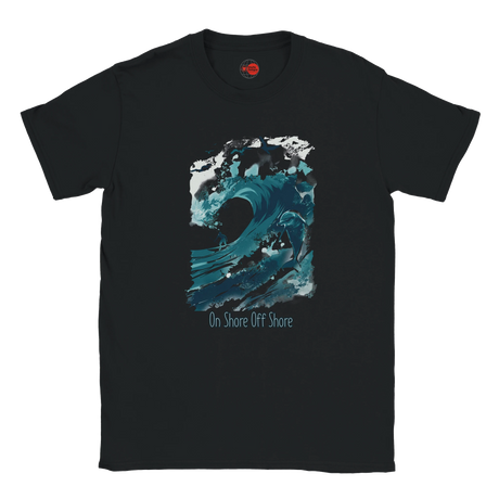 Black t-shirt with blue wave design and text on a white background