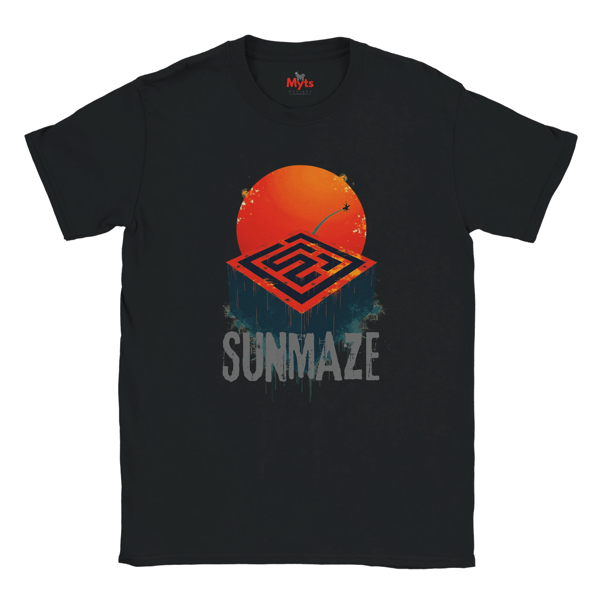 Black t-shirt with 'Sunmaze' design featuring an orange sun and geometric pattern on a white background.
