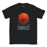Black t-shirt with 'Sunmaze' design featuring an orange sun and geometric pattern on a white background.