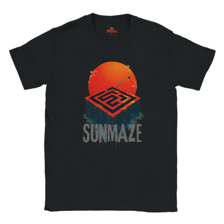 Black t-shirt with 'Sunmaze' design featuring an orange sun and geometric pattern on a white background.