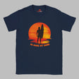 "Sunset surfer silhouette t-shirt design on navy blue"