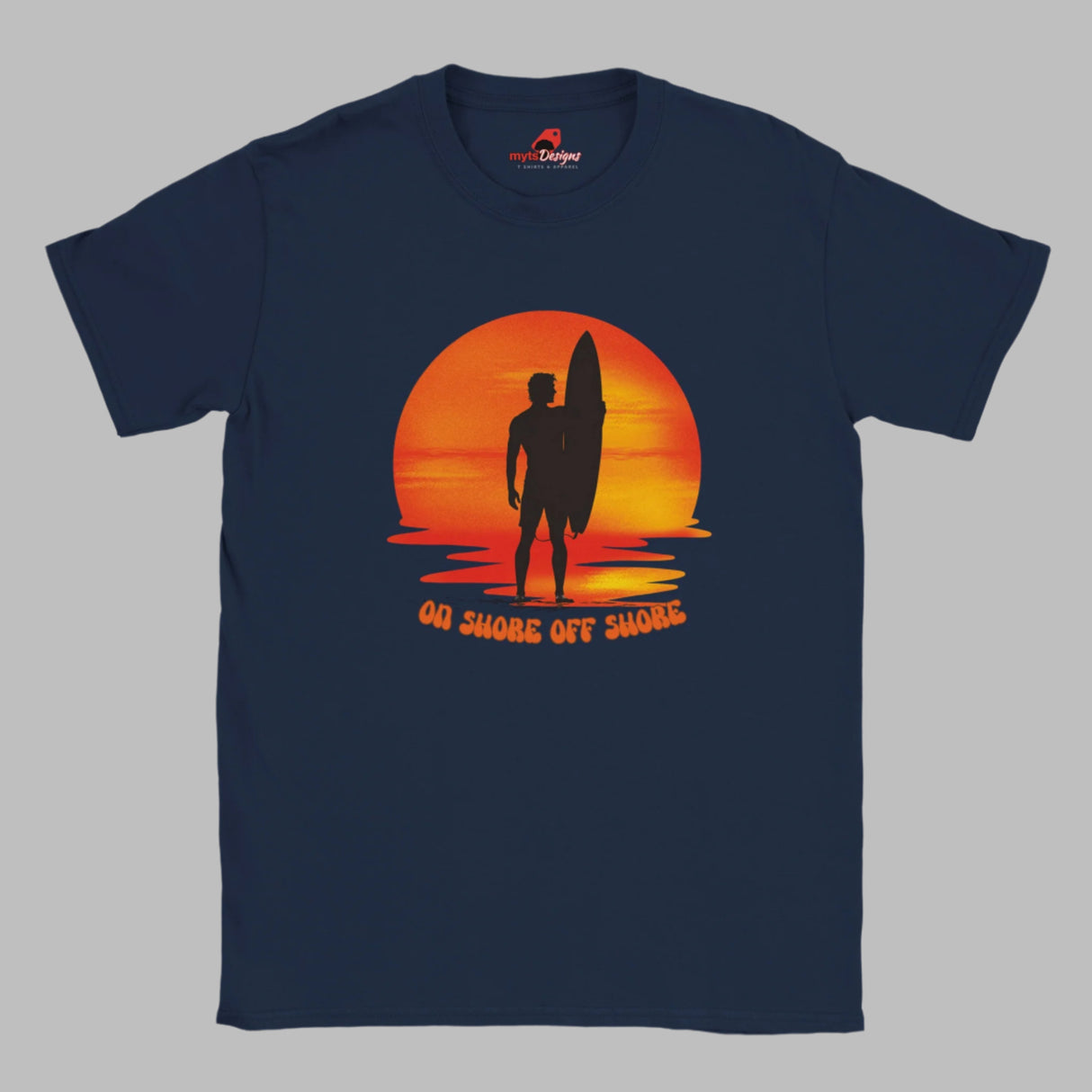 "Sunset surfer silhouette t-shirt design on navy blue"
