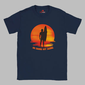 "Sunset surfer silhouette t-shirt design on navy blue"