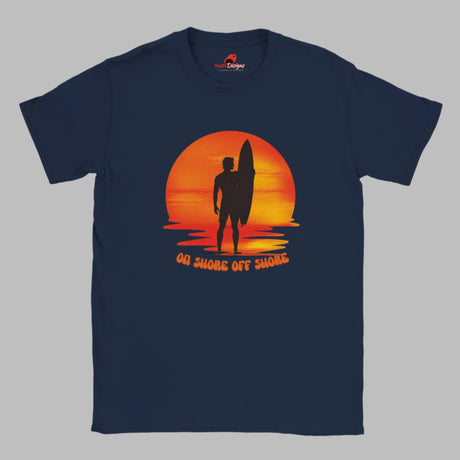 "Sunset surfer silhouette t-shirt design on navy blue"