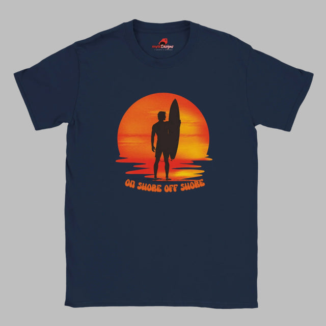 "Sunset surfer silhouette t-shirt design on navy blue"
