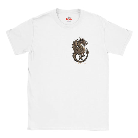 A white short-sleeve crewneck t-shirt featuring a detailed black and brown dragon graphic printed on the center chest, with a red 'Myths' brand logo visible inside the collar.
