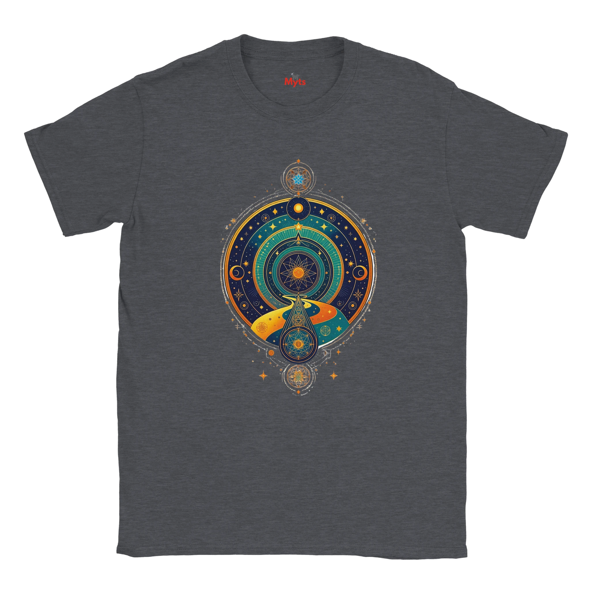 Dark gray t-shirt with a colorful circular design featuring celestial elements on a white background.