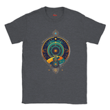 Dark gray t-shirt with a colorful circular design featuring celestial elements on a white background.