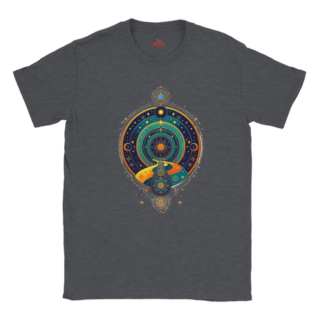 Dark gray t-shirt with a colorful circular design featuring celestial elements on a white background.