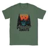 Green t-shirt with 'Adventure Awaits' graphic on a white background