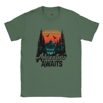 Green t-shirt with 'Adventure Awaits' graphic on a white background