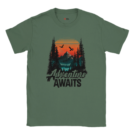 Green t-shirt with 'Adventure Awaits' graphic on a white background