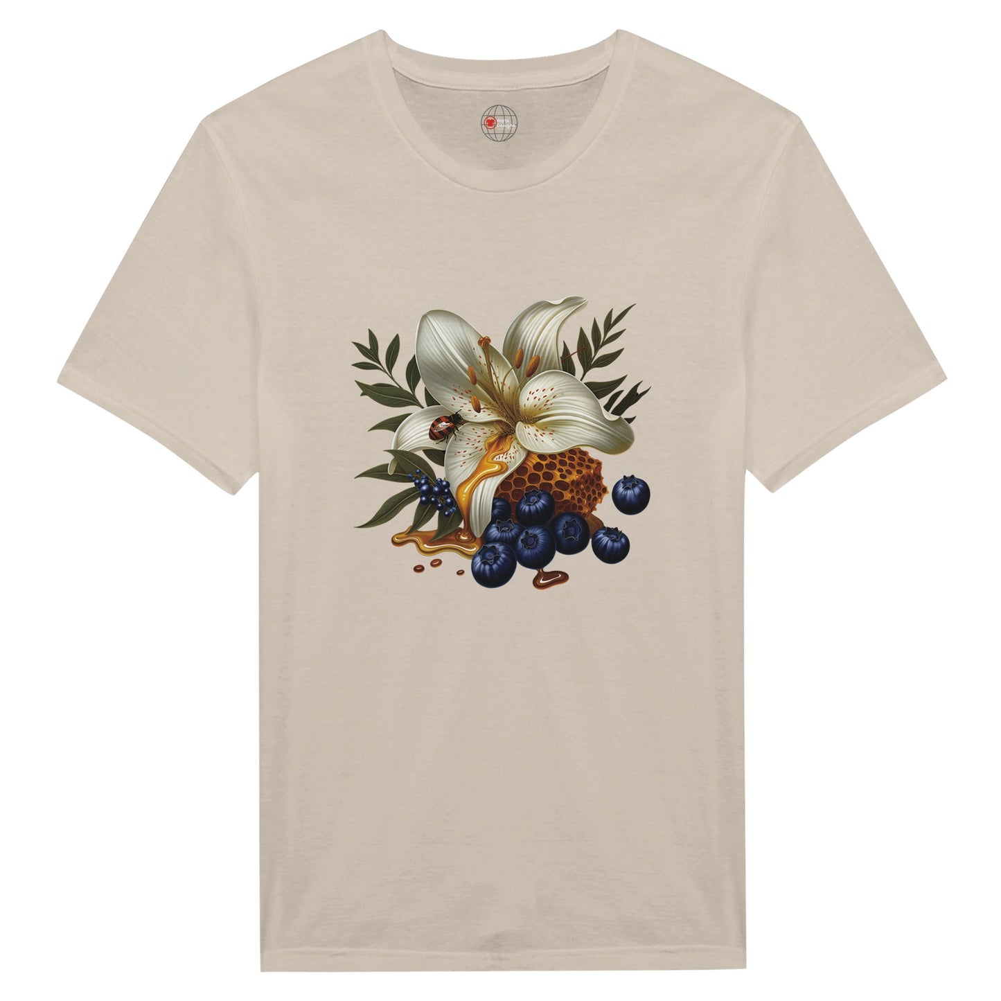 Beige t-shirt with a floral and fruit design on a white background