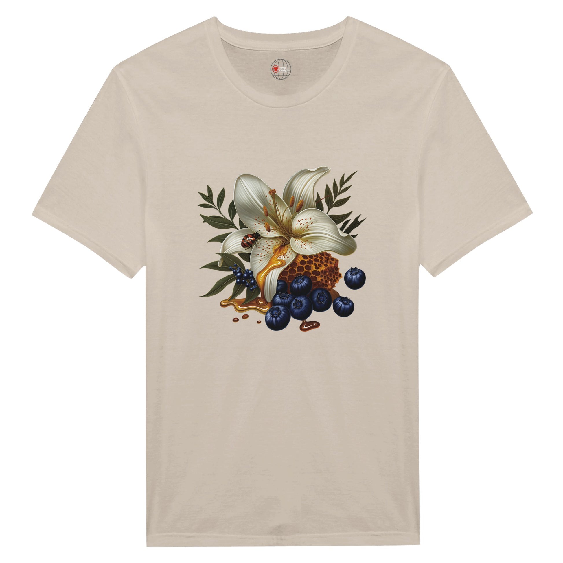 Beige t-shirt with a floral and fruit design on a white background