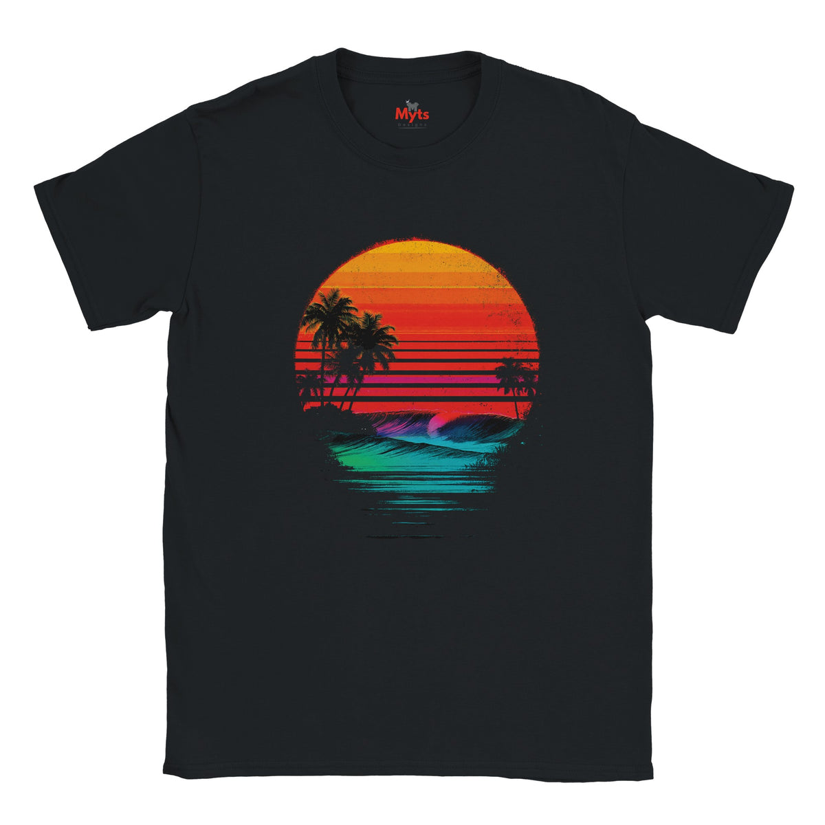 Black t-shirt with a colorful sunset and palm tree design on a white background