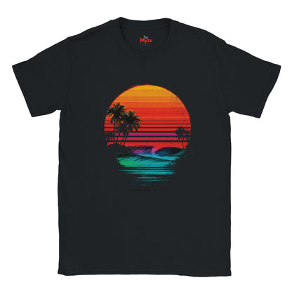 Black t-shirt with a colorful sunset and palm tree design on a white background