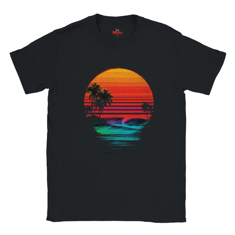 Black t-shirt with a colorful sunset and palm tree design on a white background