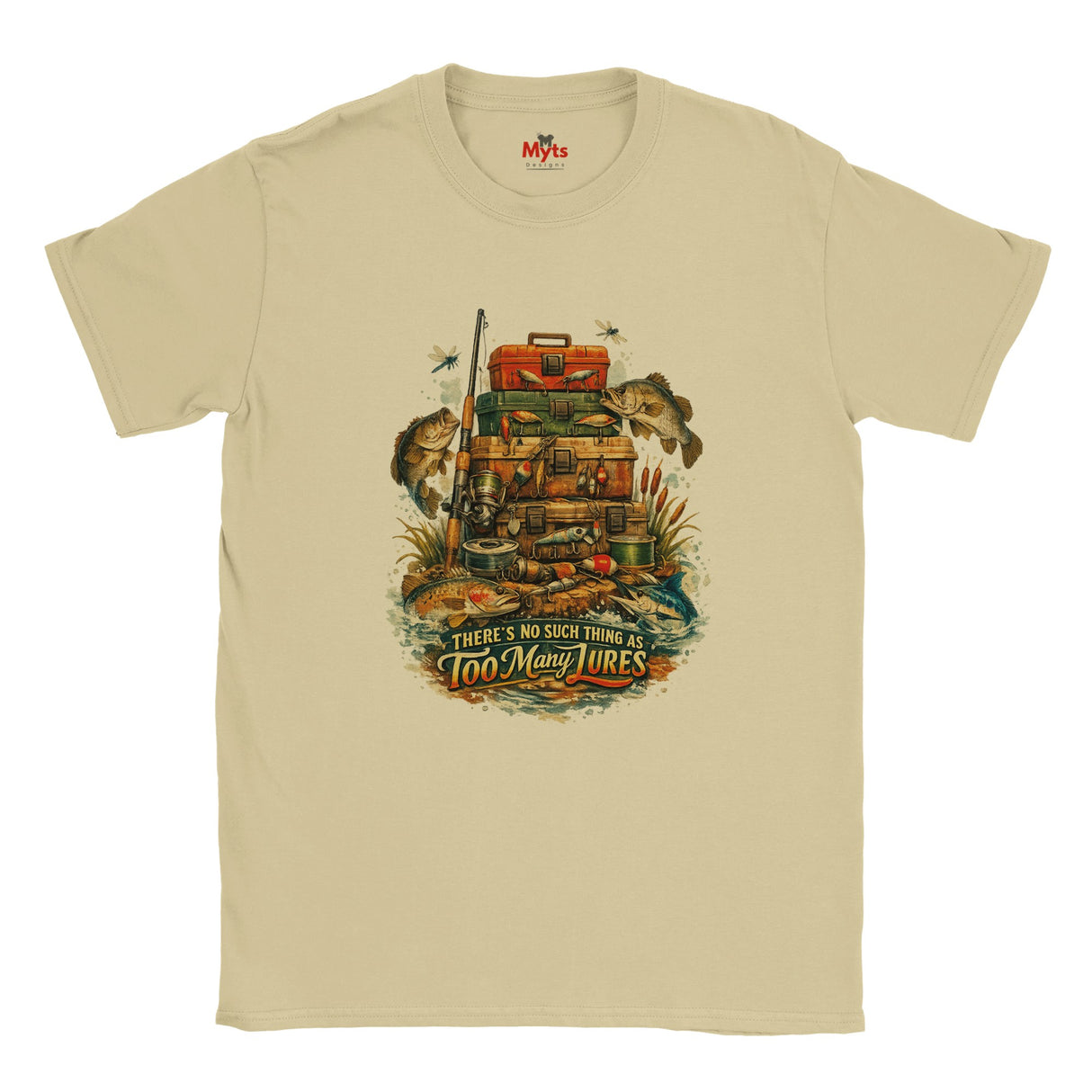 Natural t-shirt with fishing-themed graphic and text on a white background