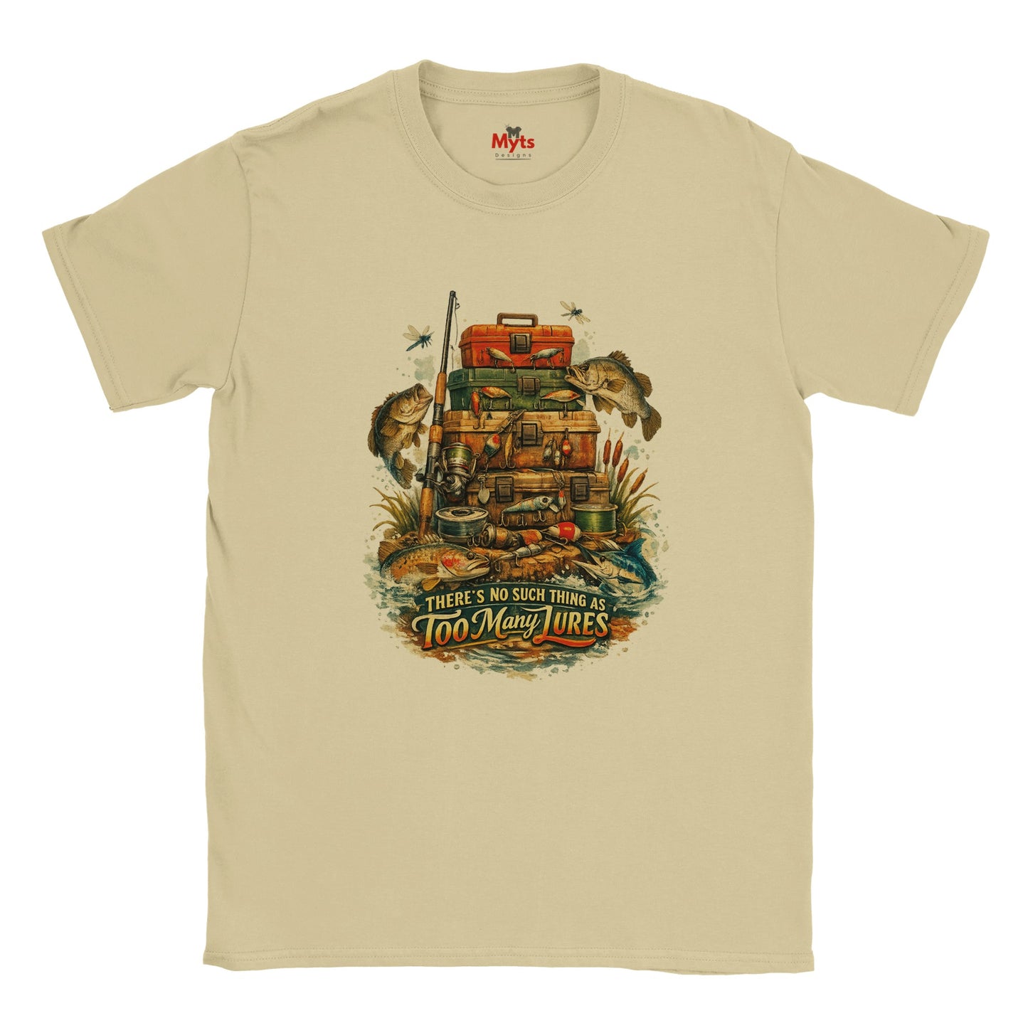 Natural t-shirt with fishing-themed graphic and text on a white background