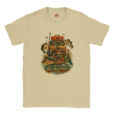Natural t-shirt with fishing-themed graphic and text on a white background