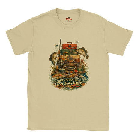 Natural t-shirt with fishing-themed graphic and text on a white background