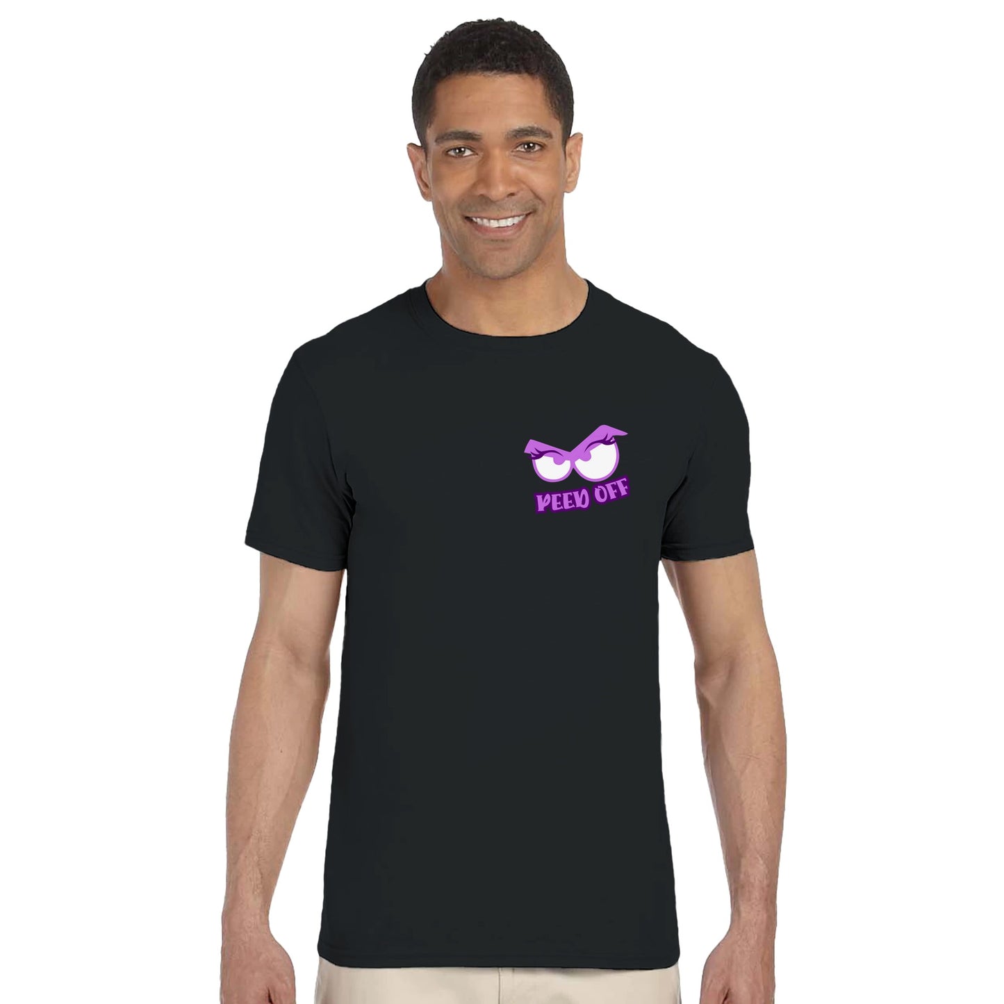 Man wearing a black t-shirt with a purple graphic and text on a white background