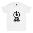 White t-shirt with black graphic and 'JUST START' text on a white background