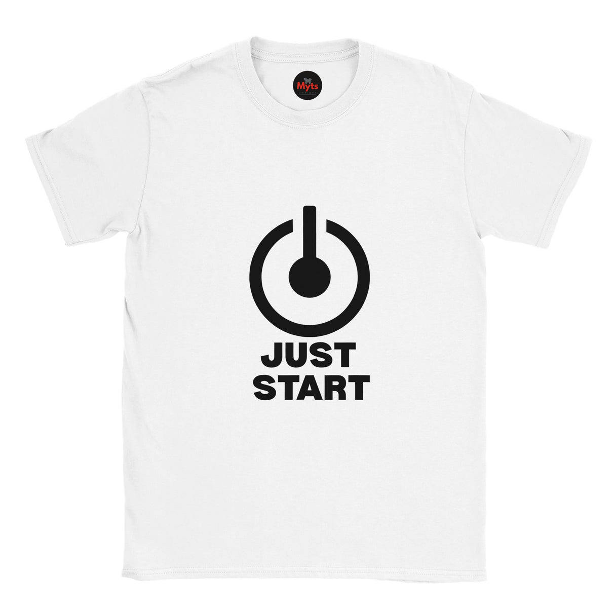 White t-shirt with black graphic and 'JUST START' text on a white background