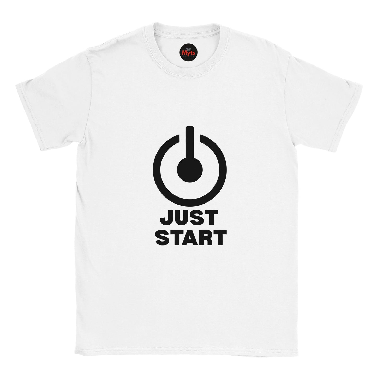 White t-shirt with black graphic and 'JUST START' text on a white background